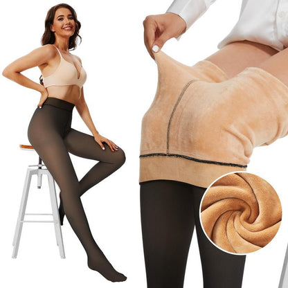 Fleece-lined translucent tights and a close view of the soft lining