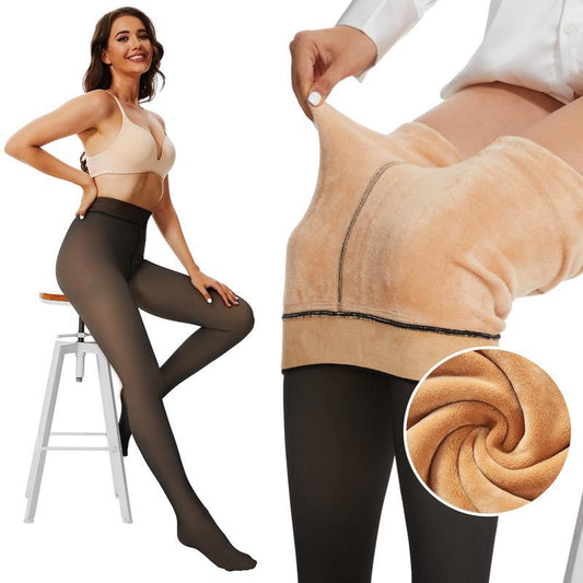 Fleece-lined translucent tights and a close view of the soft lining